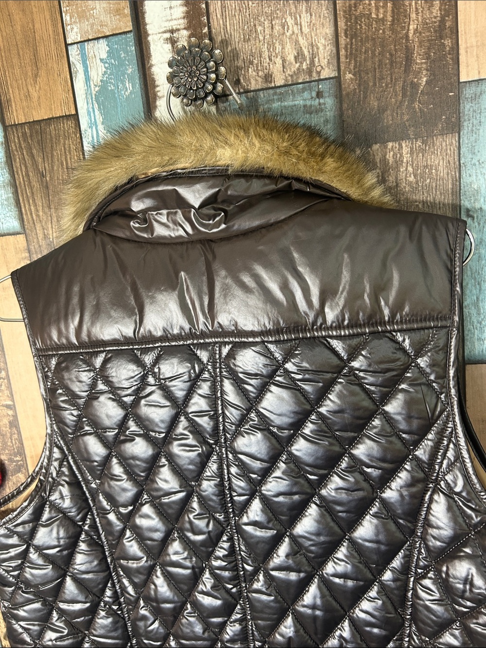 Talbots Quilted Faux-Leather Vest with Faux-Fur Collar - Dark Brown - Picture 14 of 16